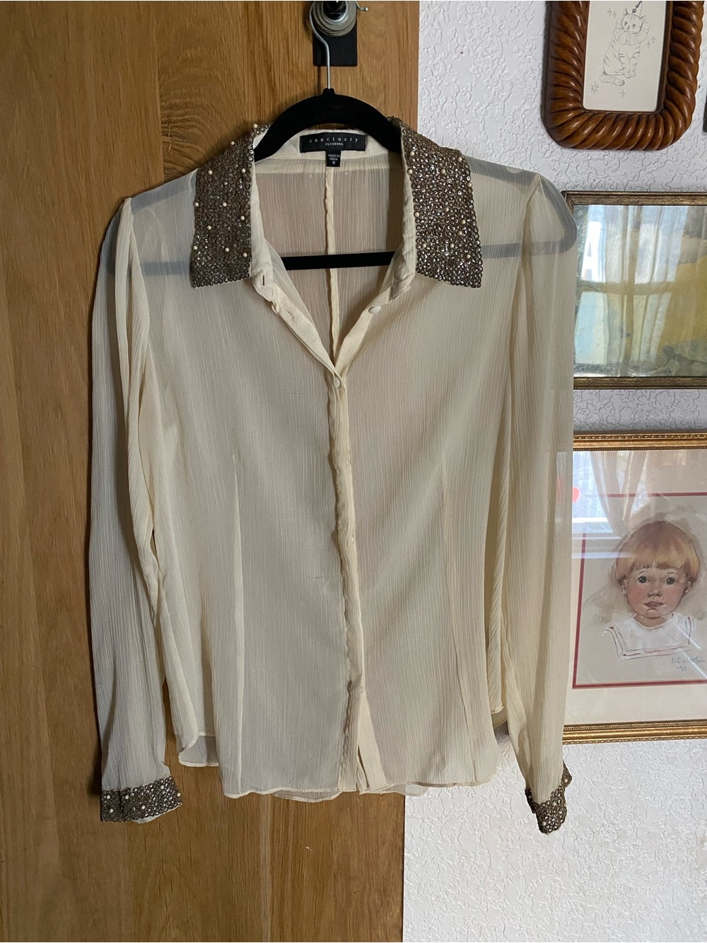 Sanctuary Cream Sheer Blouse with Beaded Collar & Cuffs